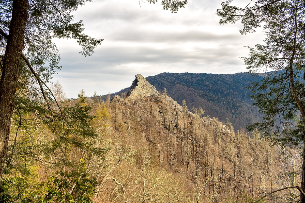sharp rock face and steep Chimney Top looking mountain that is bare from a forest fire