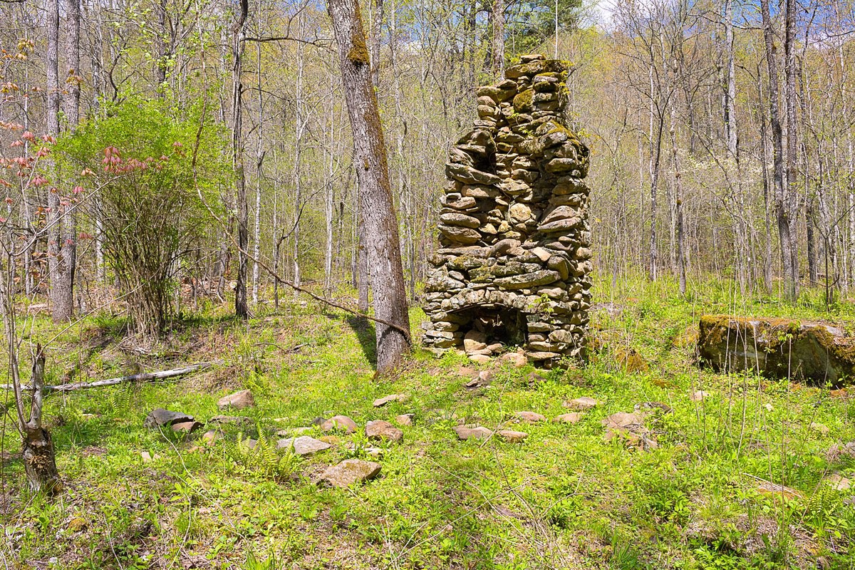 crumbling chimney remnants from an old homestead along Goldmine Loop Trail
