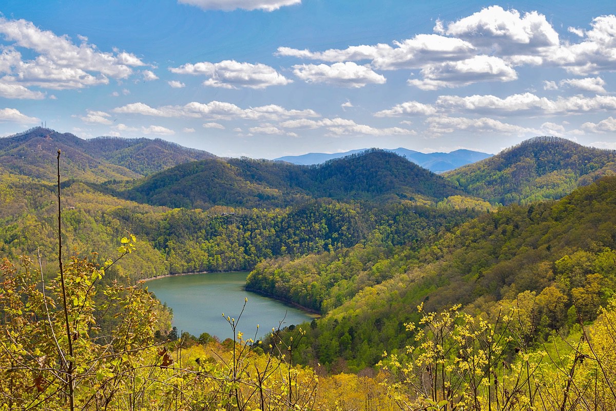 High Atop the Road to Nowhere scenic Overlook of Fontana Lake and the Valley town of Bryson CIty 